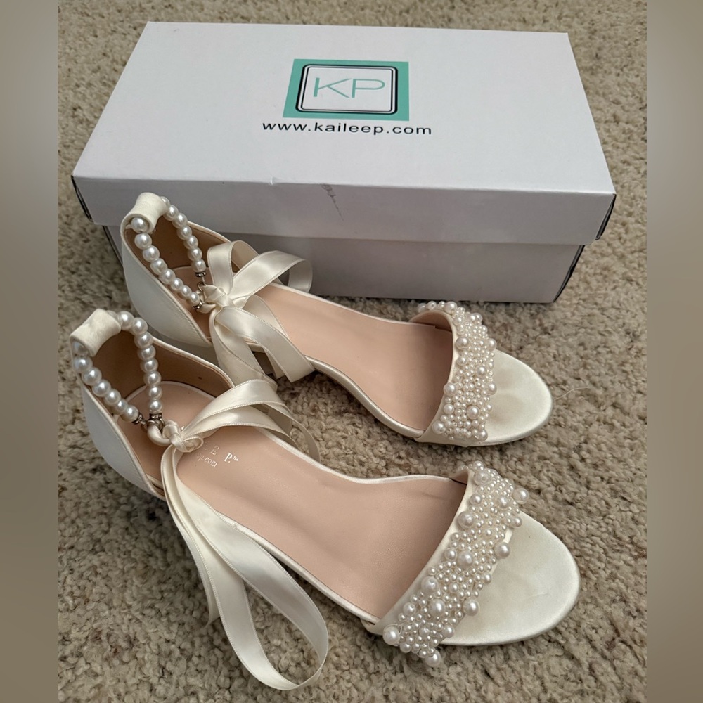 Women's Pearl Embellished White Heeled Sandals, bridal shoes, wedding heels